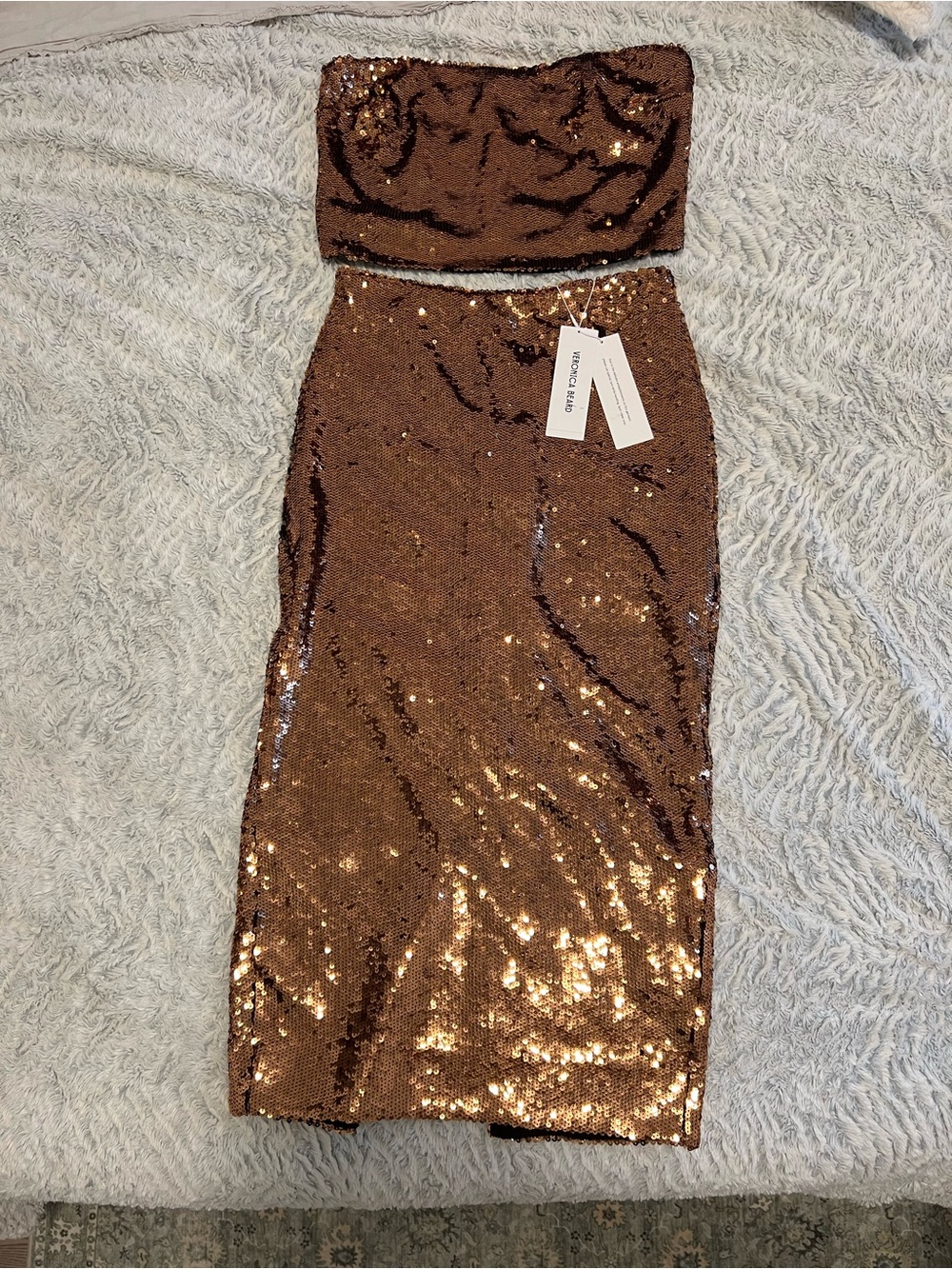 Brand new Veronica Beard Bronze Sequin Strapless Crop Top &  Skirt Set